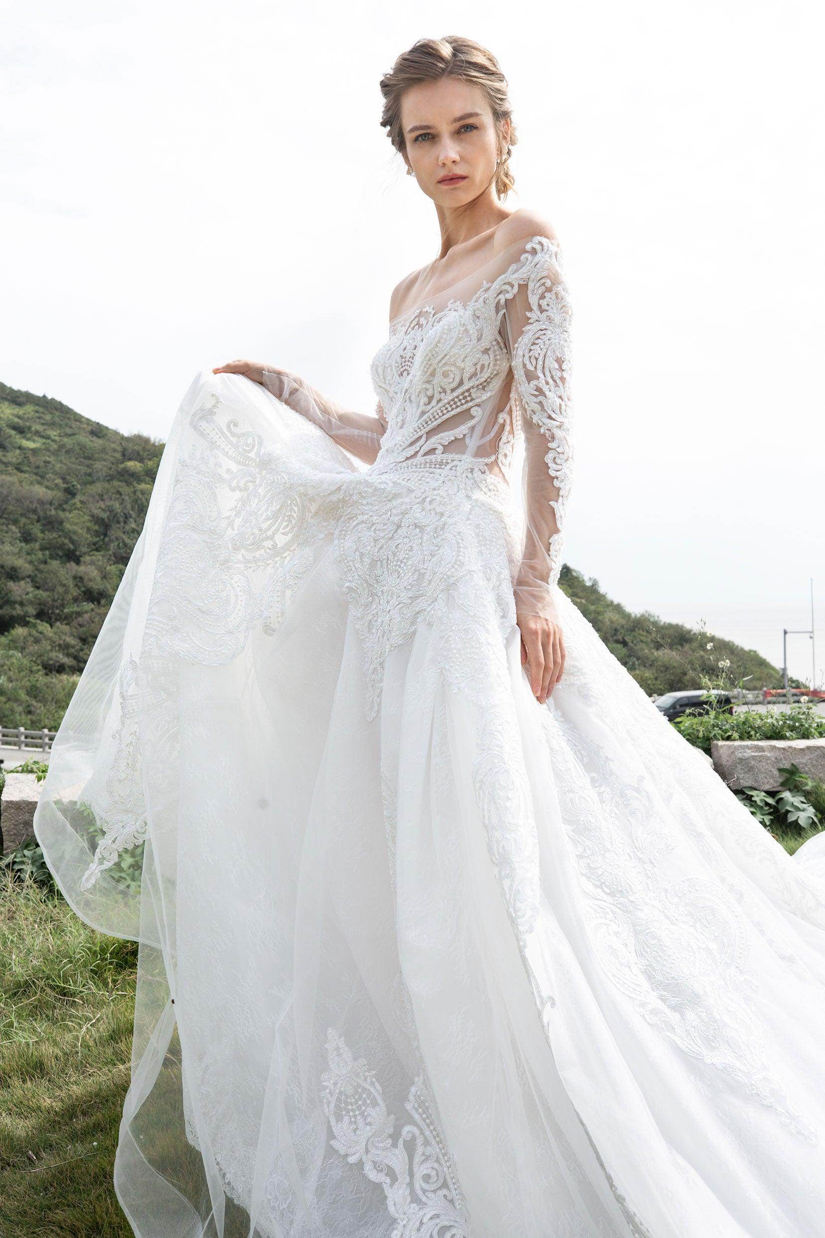 Princess Cathedral Train Tulle Lace Wedding Dress CW2388 - COCOMELODY